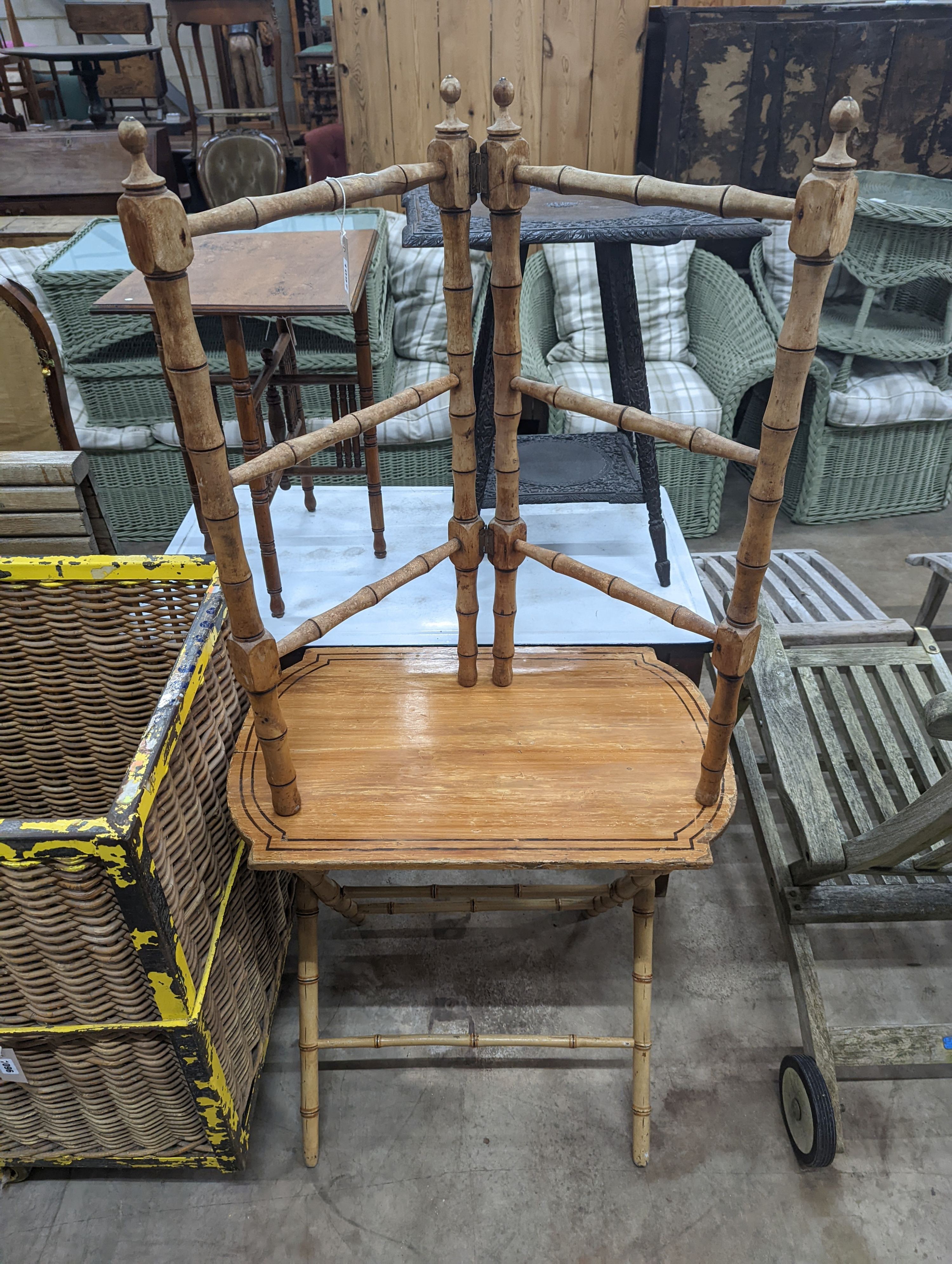 A Victorian simulated bamboo rectangular painted occasional table, width 71cm, depth 46cm, height 70cm together with a folding towel rail